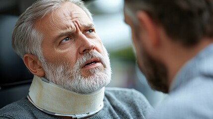 Poster - Employee wearing a neck brace and discussing compensation with a workplace mediator Stock Photo with side copy space