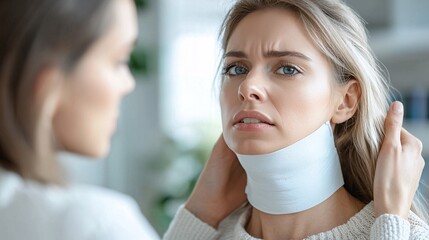 Poster - Employee wearing a neck brace and discussing compensation with a workplace mediator Stock Photo with side copy space