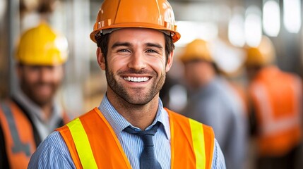 Poster - HR representative explaining employee insurance benefits to a group of laborers in a bright office Stock Photo with side copy space