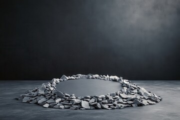 Fototapete - A minimalist scene featuring an oval arrangement of stones surrounding a smooth, dark surface against a textured gray backdrop.
