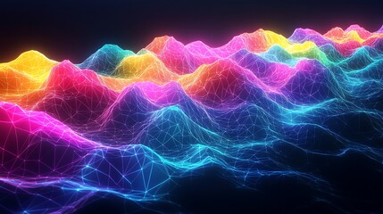Abstract, vibrant, glowing, colorful, polygon mountains, digital landscape.