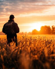 Poster - A silhouette of a person stands in a golden field during sunset, surrounded by nature's tranquility.