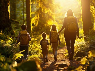 Poster - A family hikes through a sunlit forest, surrounded by lush greenery, enjoying nature together on a scenic trail.