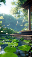 Poster - A tranquil scene featuring lily pads floating on calm water, surrounded by lush greenery and a rustic wooden structure in a serene natural setting.