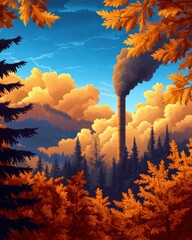 Poster - A vibrant autumn landscape features orange foliage, dark trees, and a factory emitting smoke under a bright blue sky with fluffy clouds.