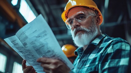 Poster - Laborer handing over accident documentation to a manager in a factory for insurance filing Stock Photo with side copy space