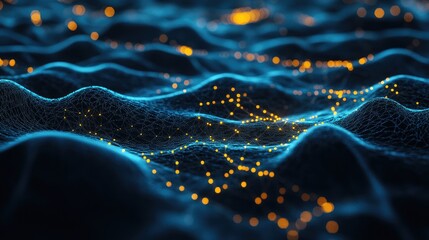 Poster - Abstract digital landscape featuring glowing blue and orange waves, representing data flow and connectivity.
