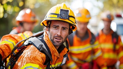 Poster - Employee being lifted into an ambulance stretcher after a serious workplace accident with concerned colleagues nearby Stock Photo with side copy space