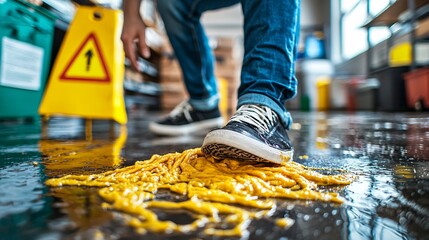 Poster - Employee slipping on a freshly mopped floor near a caution wet floor sign in an office environment Stock Photo with side copy space