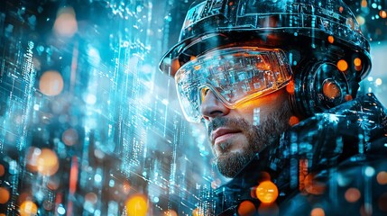 Poster - Worker wearing safety goggles operating heavy machinery with clear visual warnings and instructions displayed nearby Stock Photo with side copy space