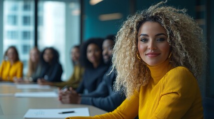Poster - Supervisor reviewing risk assessment documents with a team of employees in a conference room Stock Photo with side copy space
