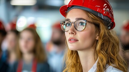 Poster - Emergency evacuation drill in an office setting with employees exiting calmly while safety leaders guide them Stock Photo with side copy space