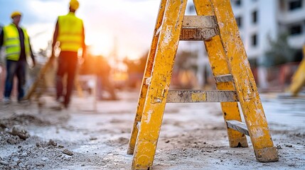 Wall Mural - Scene of a broken ladder being replaced after inspection at a construction site Stock Photo with side copy space