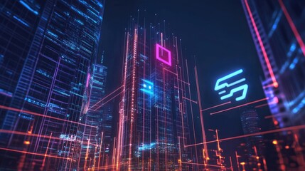 Poster - Futuristic cityscape illuminated with neon lights and digital elements showcasing a vibrant tech atmosphere.