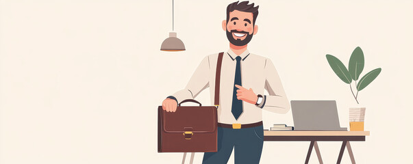 Poster - Cheerful businessman accessorized with a stylish briefcase in a modern office environment captured from a professional perspective