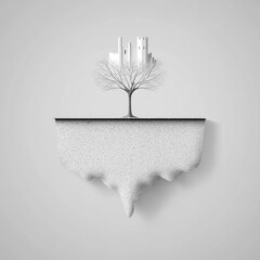 Poster - A minimalist illustration of a barren tree with a small city on its branches, growing from a floating island.