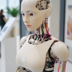 Poster - Close-up of a female humanoid robot, showcasing intricate internal mechanics and lifelike features.