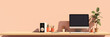 © laddawan - A tidy, minimalist desk setup includes a modern computer, potted plant, various stationery items, in front of a plain pastel wall, suggesting creativity and focus.