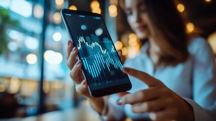 Poster - Woman analyzing stock market data on smartphone.