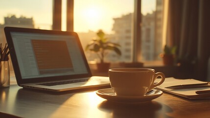 Poster - Sunrise illuminates laptop, coffee, and notepad on desk.
