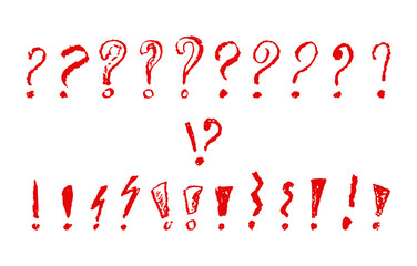 Poster - Exclamation and question marks symbols set. Red crayon hand written signs. Doodle icons collection for speech bubble emphasis important or danger warning text. Vector graffiti or sketch style marks