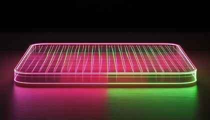 Poster - A glowing, grid-patterned surface with vibrant neon colors, suggesting a futuristic design.