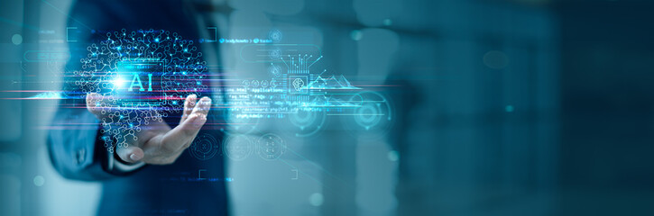 Poster - Businessman hold the brain working of Artificial Intelligence (AI) in the future business and coding software development and data synchronize network connection, Machine learning, IoT, innovative.