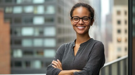 Poster - A woman wearing glasses and a black shirt is smiling and posing for a picture