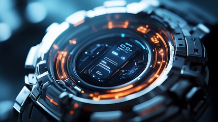 Poster - Futuristic smartwatch with digital display and orange accents.
