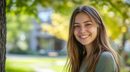 Aufkleber - A young woman with long brown hair is smiling at the camera