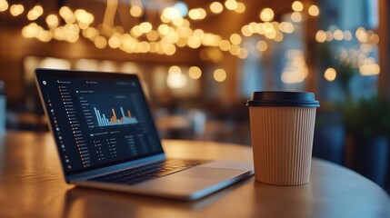 Aufkleber - Laptop displaying financial data sits on cafe table next to coffee.