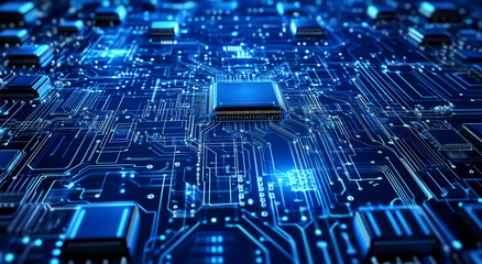 Aufkleber - Intricate blue circuit board with microchips and glowing connections illustrating technology and innovation
