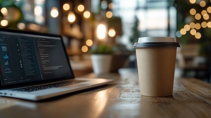 Poster - Laptop with code and coffee in cafe.