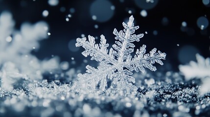 Wall Mural - close-up of a single, intricate snowflake on snow.
