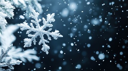 Wall Mural - close-up of a single snowflake on a snow-covered branch against a dark, bokeh background.
