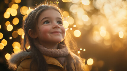 Wall Mural - Child smiling with twinkling lights during an evening outdoor celebration