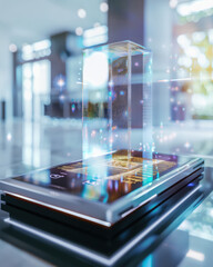 Poster - Virtual assistant displaying holographic payment options in a sleek minimalistic environment for futuristic transactions