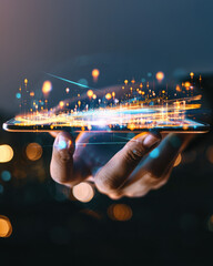 Poster - Innovative holographic payment demonstration urban setting digital technology high-tech environment close-up view future of flexible transactions