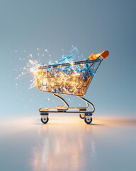 Poster - Shopping cart icon emerges from glowing social media interface digital environment conceptual image for modern retail dynamics