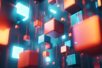 Poster - Abstract digital scene featuring floating cubes in vibrant colors and glowing effects.