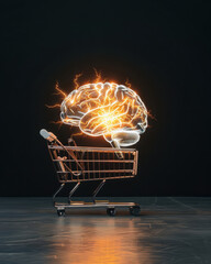 Poster - Intelligent shopping experience conceptual image digital environment ai brain glowing over shopping cart futuristic viewpoint