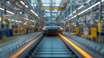 Poster - A car is on a train track in a factory