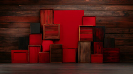 Fototapete - A composition of red and wooden boxes arranged against a rustic wooden backdrop, creating a striking visual contrast
