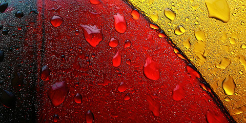 Poster - A close up of a red, yellow and black umbrella with raindrops on it