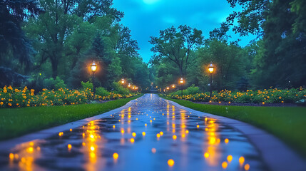 Poster - A serene park pathway glistens after rain, illuminated by soft lights, surrounded by lush greenery and vibrant flowers under a tranquil blue sky