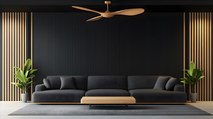 Poster - A modern living room featuring a sleek black sofa, minimalist decor, wooden accents, and greenery against a dark backdrop