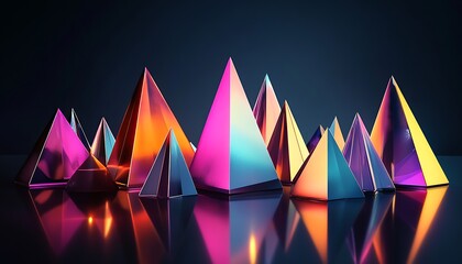 Poster - A colorful arrangement of geometric pyramids reflecting light in a modern design setting.