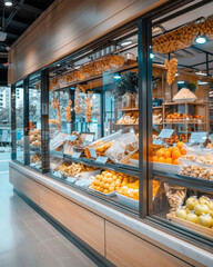 Poster - Symbolizing openness and brand trust transparent window displaying product ingredients and sourcing details in a modern grocery environment