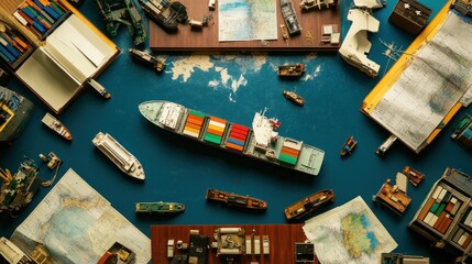 Poster - Aerial View of Container Ship and Model Ships Surrounded by Maps
