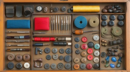 Poster - Antique Sewing Kit Wooden Box Filled With Supplies